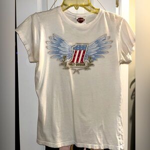 Harley Davidson vintage tee-white, American flag colored 1 with rhinestones